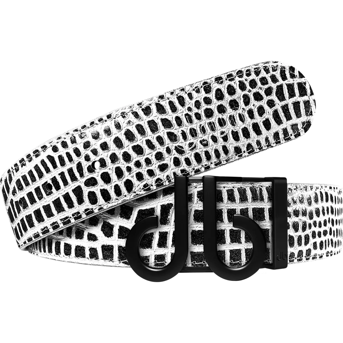 Black and White Crocodile Textured Leather Belt with Matte Black DB Icon Buckle