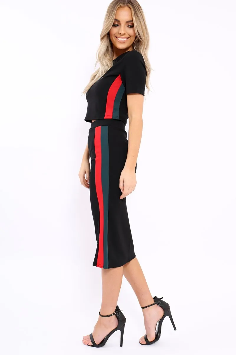 Black Crop Top and Skirt Sports Trim Co-ord - Phillipa