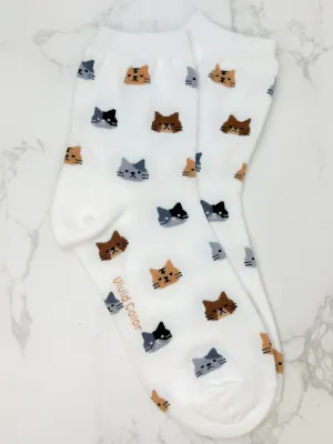 Cat Printed Crew Socks - White