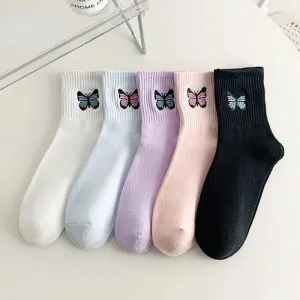 Colorful Butterfly Embroidery Socks - Set of 5 Pairs