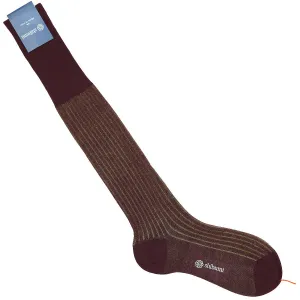 Knee Socks - Shadow Stripes - Burgundy / Beige - Pure Cotton