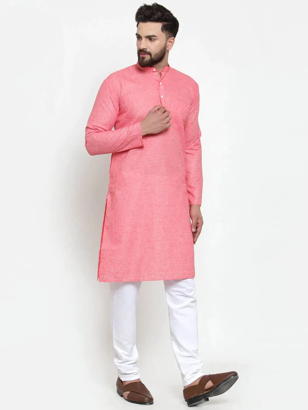 Men Pink Self-Design Kurta Only