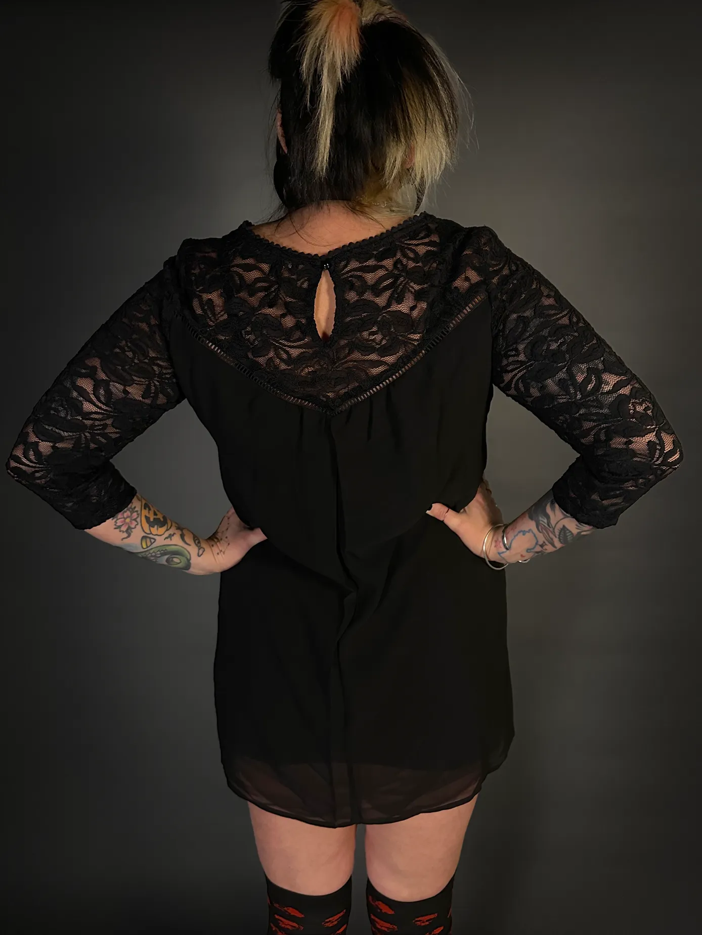 Outfit Set - V Neck Lace 3/4 Sleeve Mini Dress & Over The Knee Skull Socks Punk Style