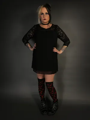 Outfit Set - V Neck Lace 3/4 Sleeve Mini Dress & Over The Knee Skull Socks Punk Style