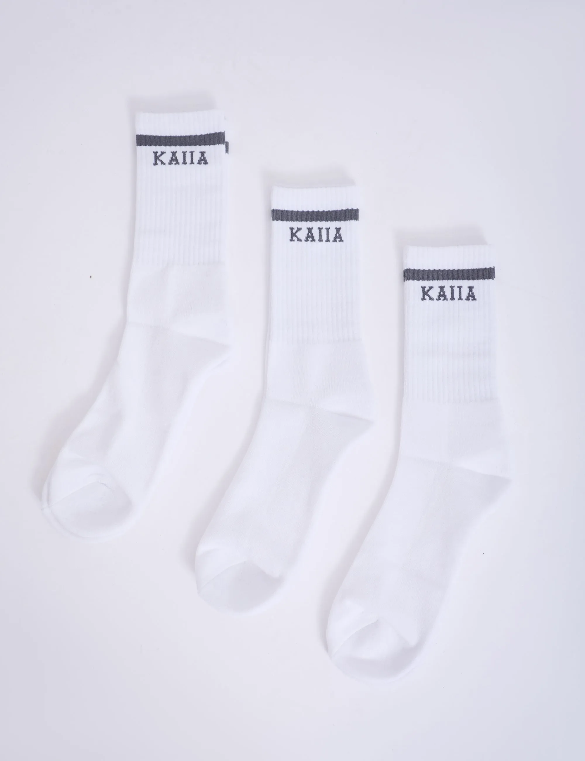 Pack of Three Kaiia Logo Sport Stripe Longline Socks White & Grey