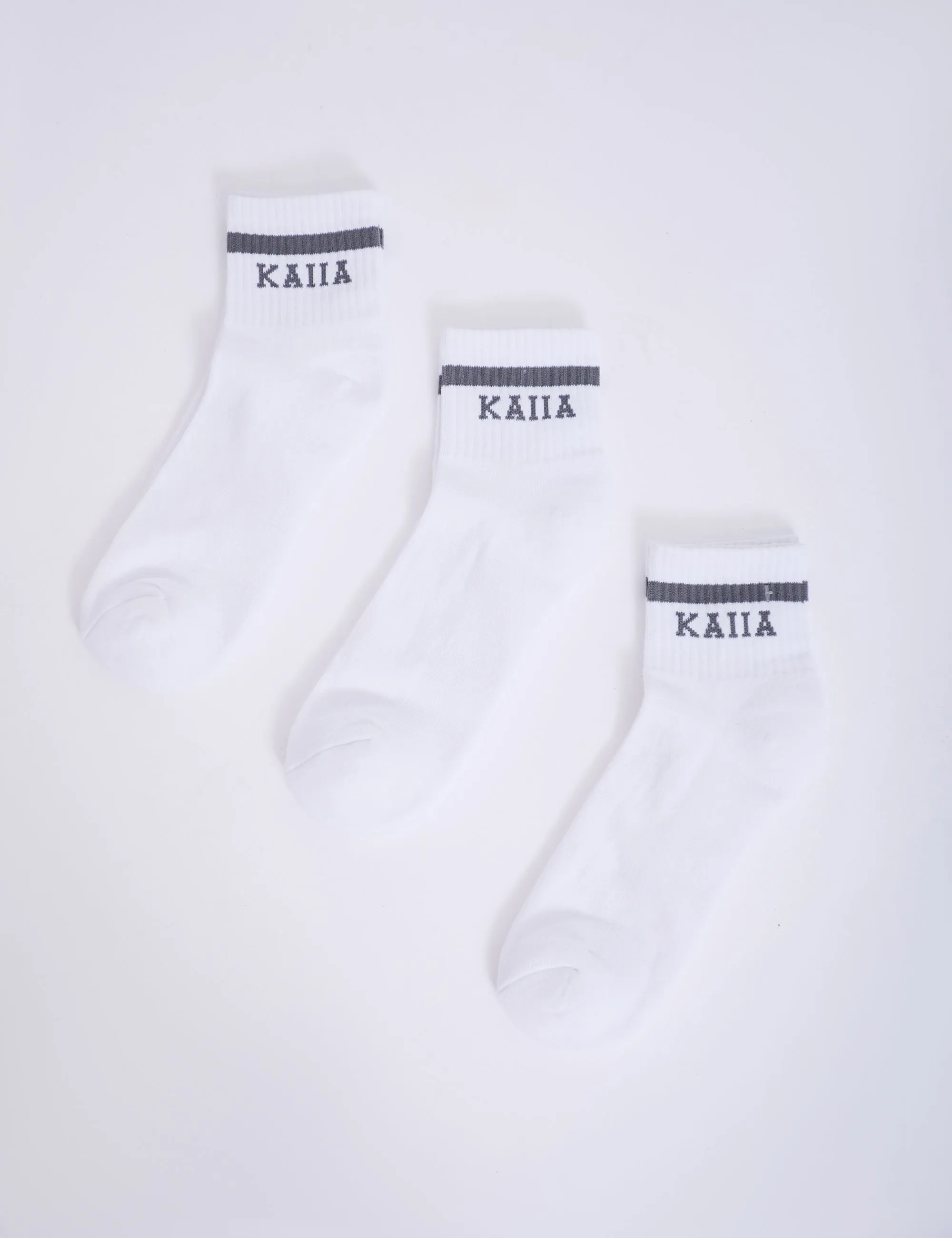 Pack of Three Kaiia Logo Sports Stripe Socks White & Grey