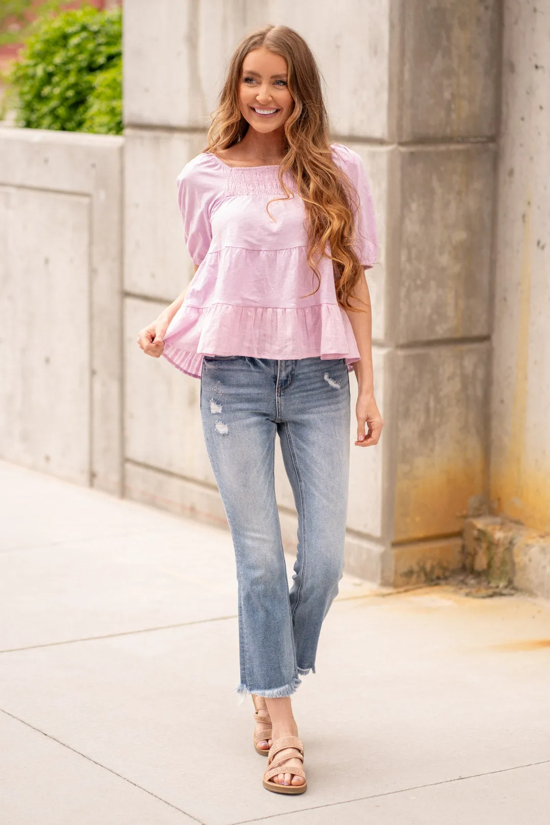 Puff Sleeve Smocked Ruffle Hem Top