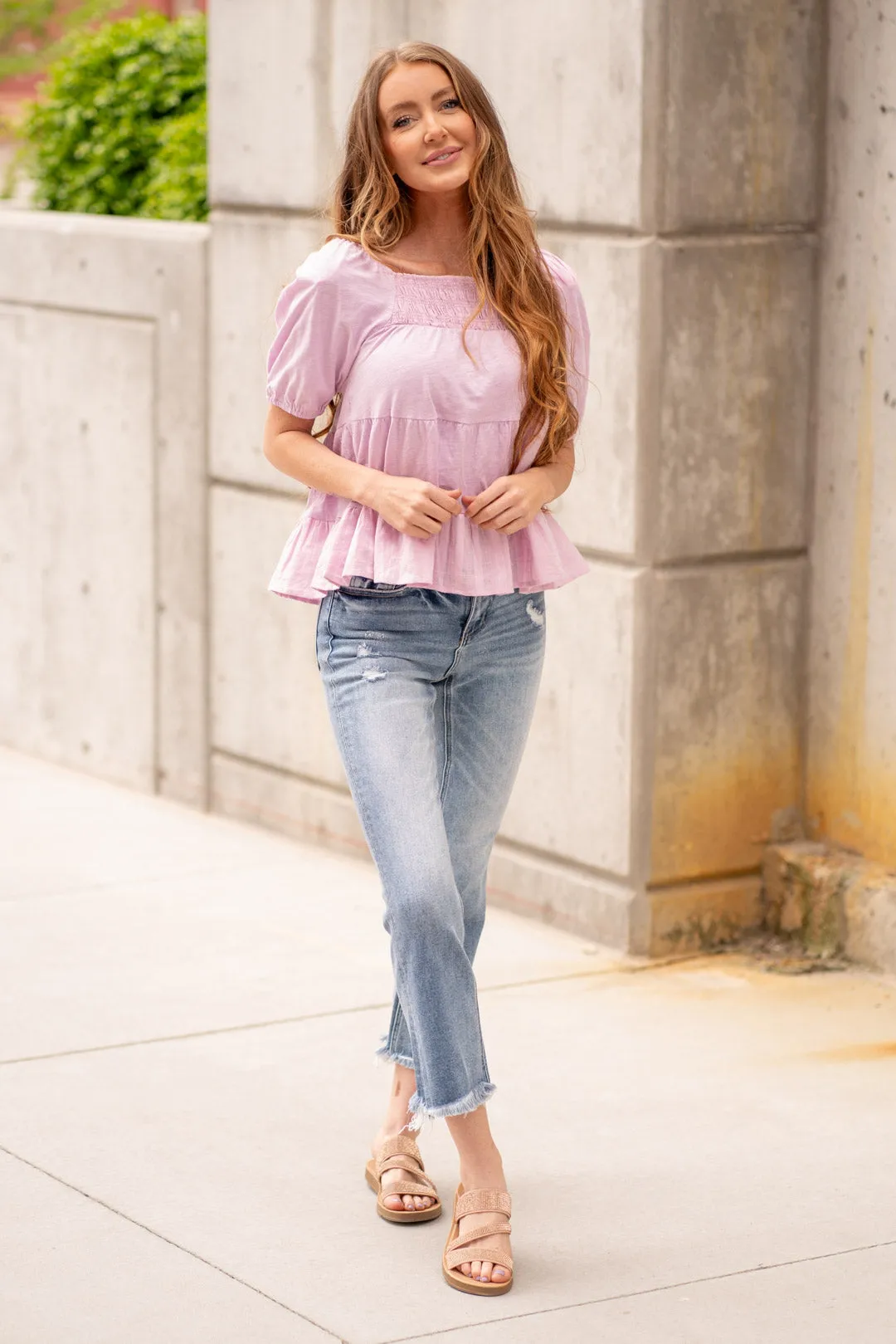 Puff Sleeve Smocked Ruffle Hem Top