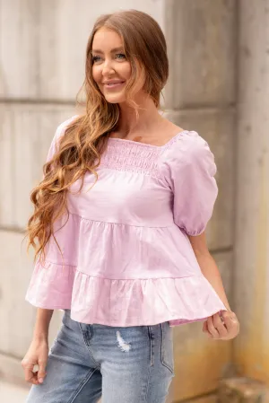 Puff Sleeve Smocked Ruffle Hem Top