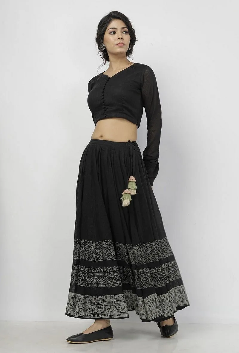 Set of 2: Kaani Black and White Tri- Pattern Hand-Block Printed Tasseled Kota Skirt and Plain Black Full Sleeves Blouse