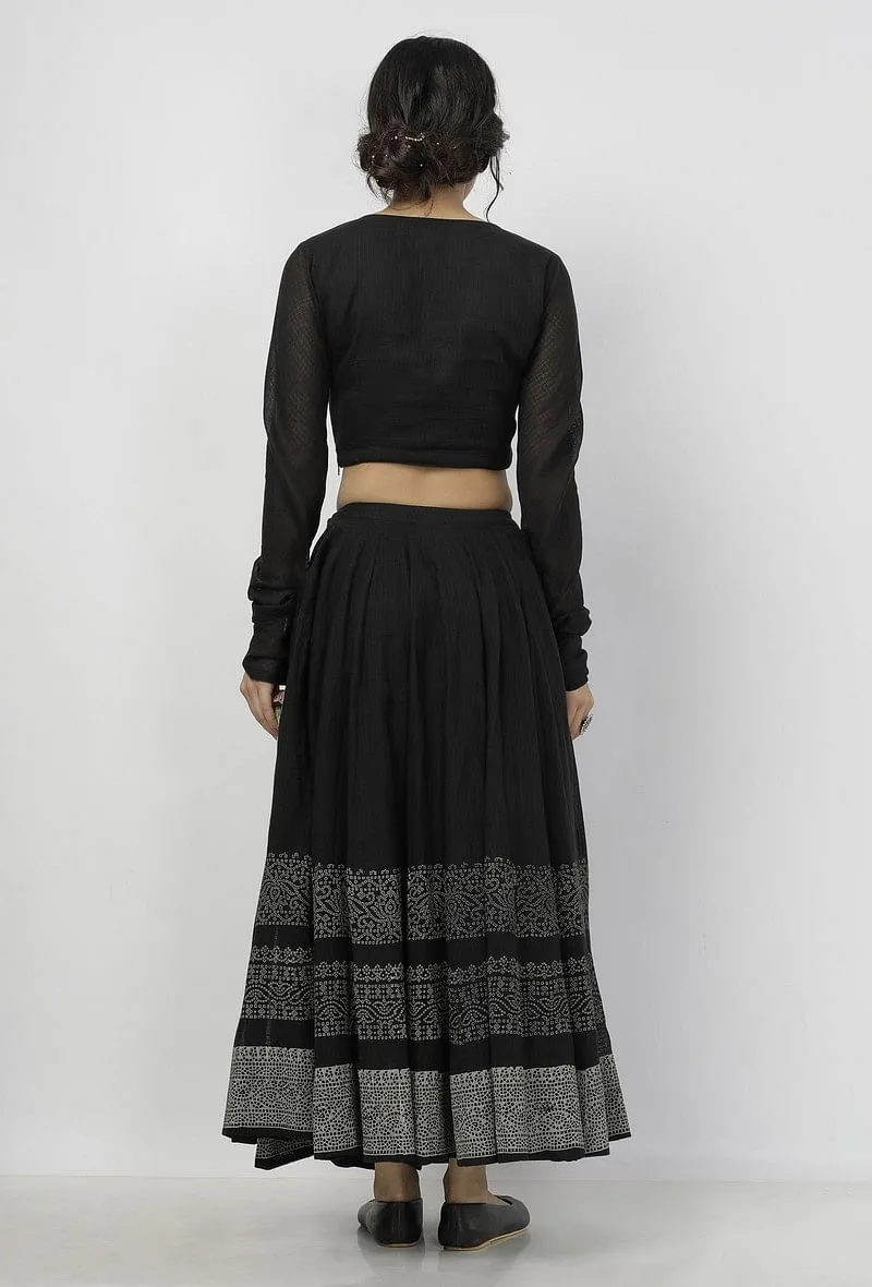 Set of 2: Kaani Black and White Tri- Pattern Hand-Block Printed Tasseled Kota Skirt and Plain Black Full Sleeves Blouse