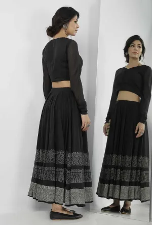 Set of 2: Kaani Black and White Tri- Pattern Hand-Block Printed Tasseled Kota Skirt and Plain Black Full Sleeves Blouse