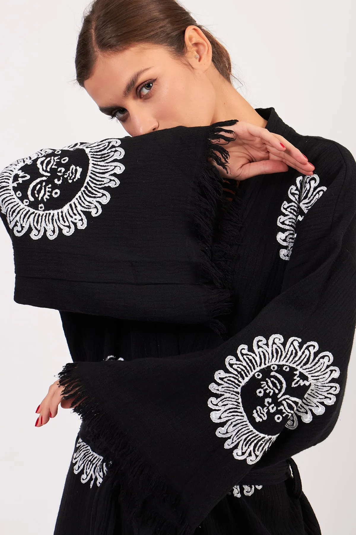 Turkish Towel Kimono Bathrobe Sun Design Black