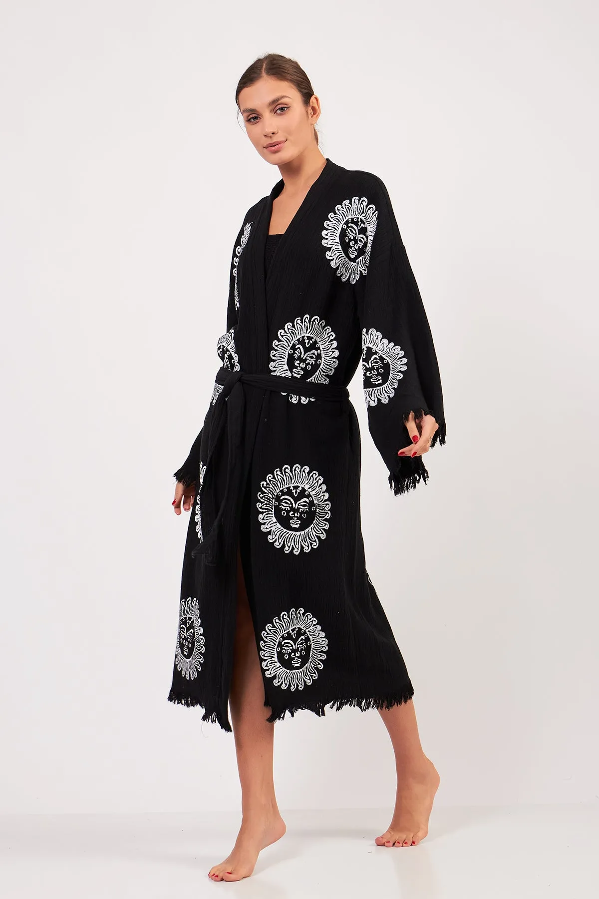 Turkish Towel Kimono Bathrobe Sun Design Black