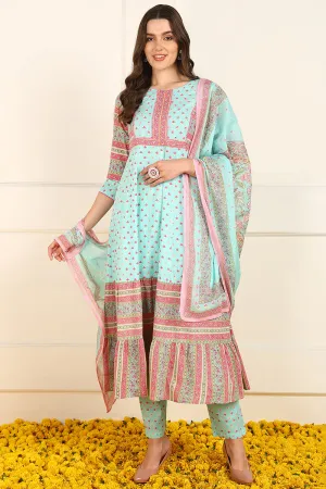 Turquoise Blue Cotton Floral Printed Anarkali Suit Set