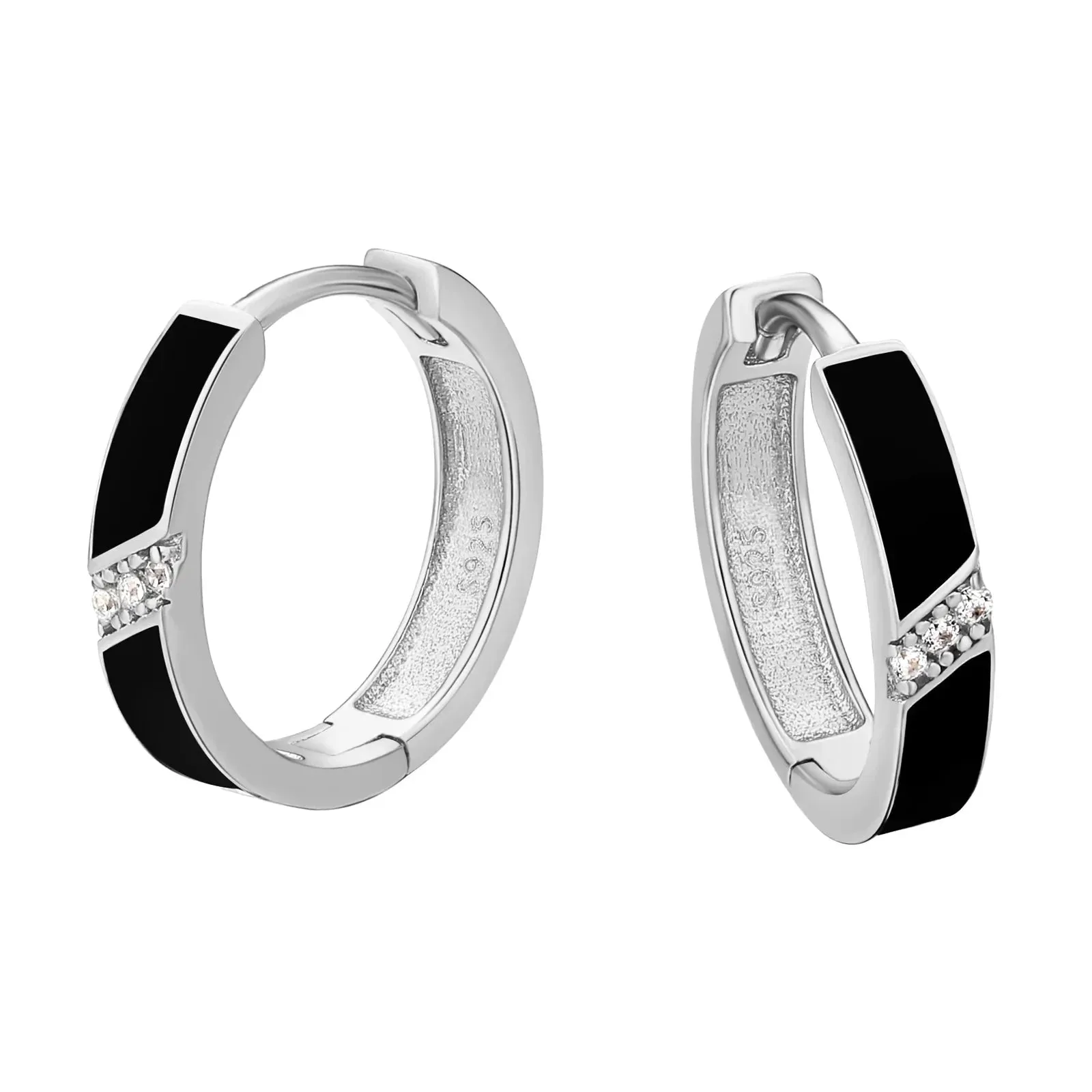 Women's S925 Diamond Black Hoop Earrings in White Gold - 15mm